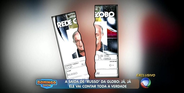 Em computação gráfica, Record quebra o crachá de Russo, passando a imagem de que a Globo o dispensou