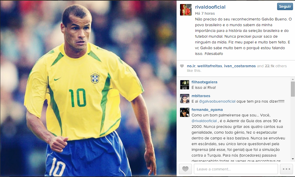 Rivaldo desabafa no Instagram contra Galvão Bueno