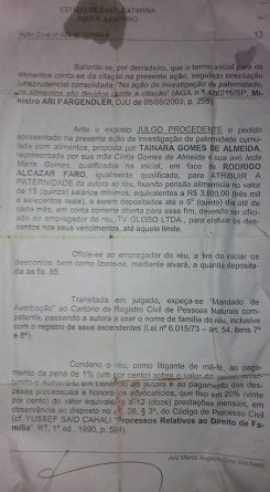 Documento que comprova a sentença sobre o pagamento de pensão alimentícia. (Foto: Reprodução/Facebook)