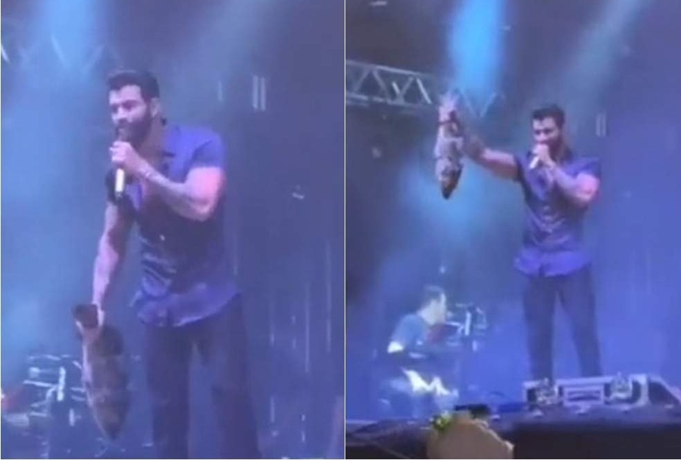 Fã joga peixe em Gusttavo Lima durante show