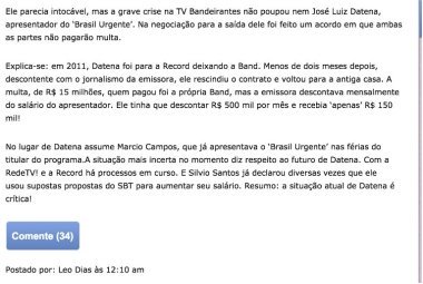 Publicação do jornalista Léo Dias no jornal "O Dia" sobre a demissão de José Luiz Datena.