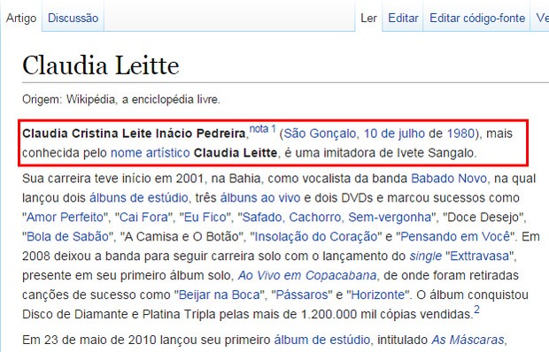 Texto sobre Claudia Leitte na Wikipedia. (Reprodução)