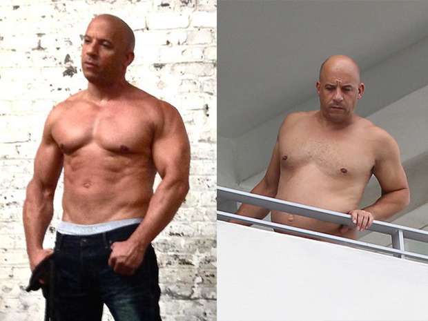 Vin Diesel aparece sem camisa e exibe barriga saliente
