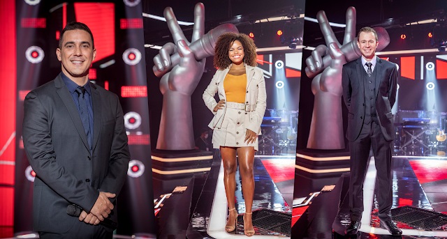 Tiago Leifert, Andre Marques e Jeniffer Nascimento celebram a décima temporada do “The Voice Brasil”