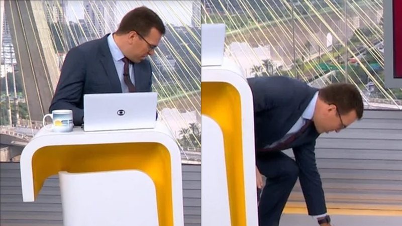Rodrigo Bocardi se descuida e deixa latinha cair no chão, ao vivo: “Não foi a cerveja do Bonner”