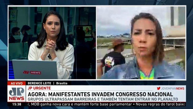 Repórter da Jovem Pan faz cobertura de ataques em Brasília vestida de verde e amarelo: “Bizarrice”