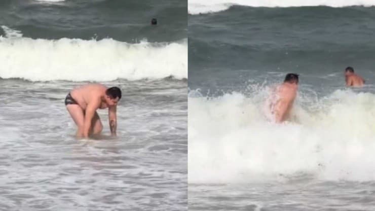 Marrone quase se afoga após entrar no mar bêbado e fã registra o momento