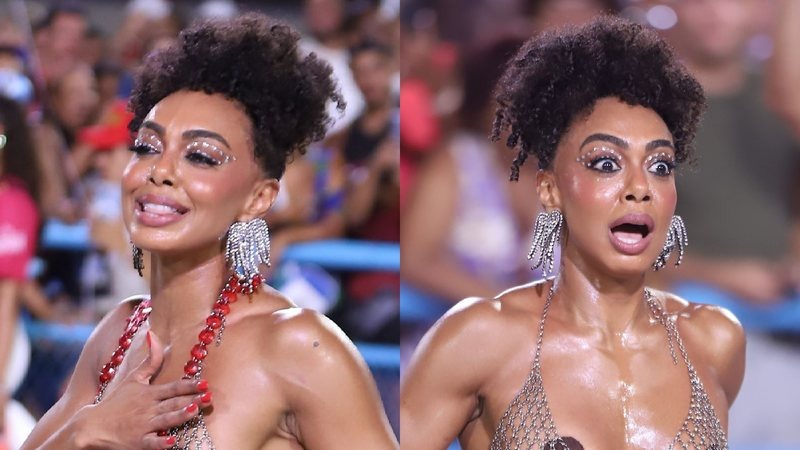 Vestido de Dandara Mariana arrebenta na avenida e seios ficam à mostra