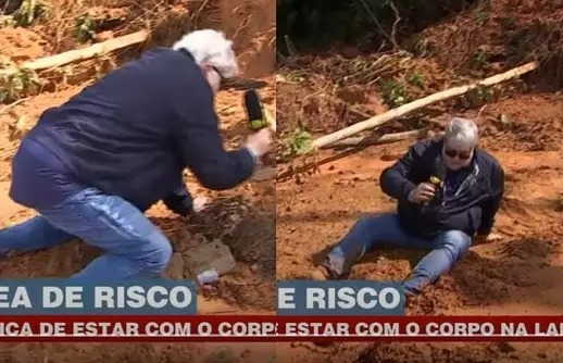 Datena visita lugar de tragédia, leva tombo na lama, fica atolado e se emociona
