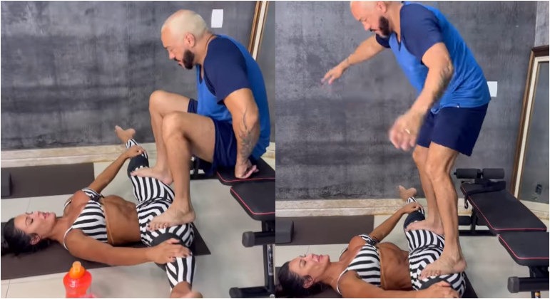Belo sobe em cima de Gracyanne durante treino e detalhe chama atenção: “Só eu que reparei?”
