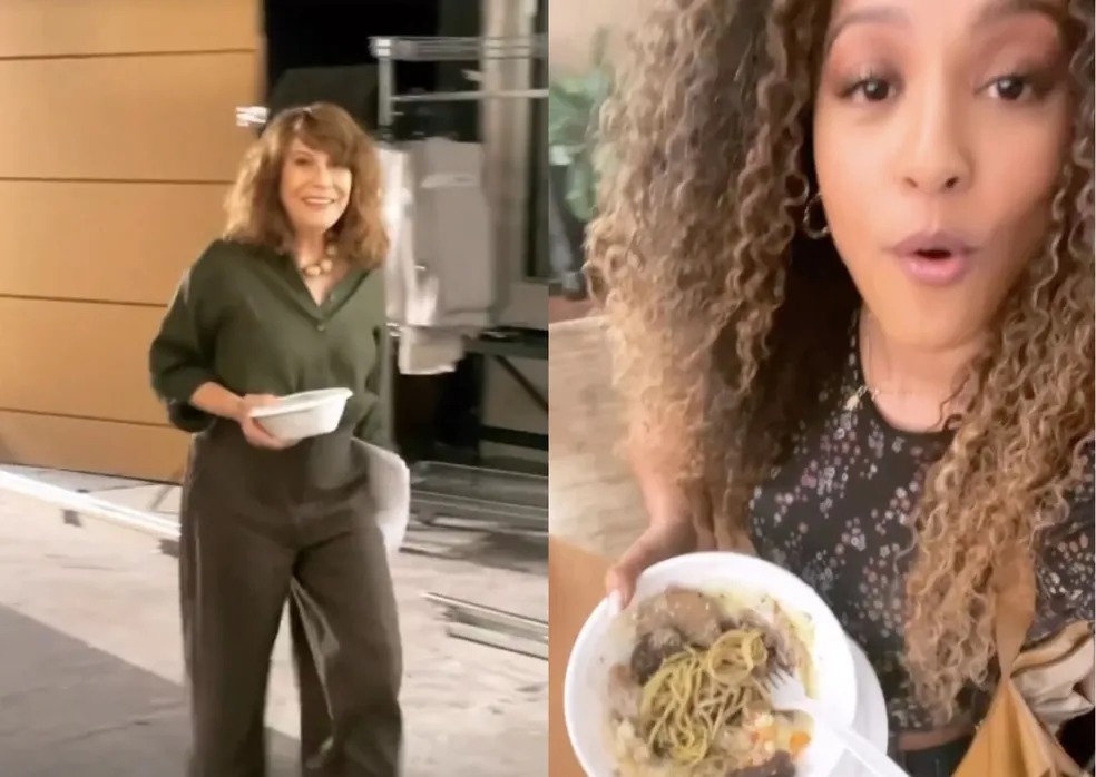 Sheron Menezzes e Renata Sorrah mostram quentinha em almoço na TV Globo