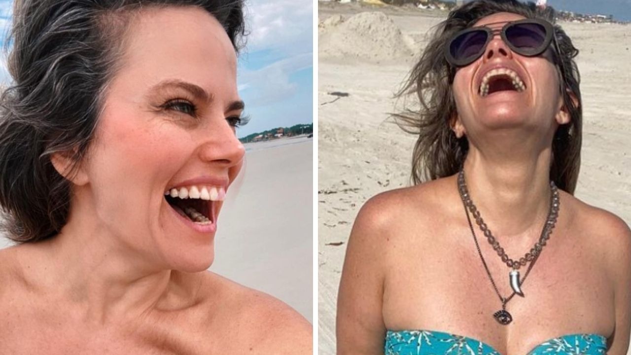 Maria Cândida posa com biquíni minúsculo e tatuagem íntima aparece